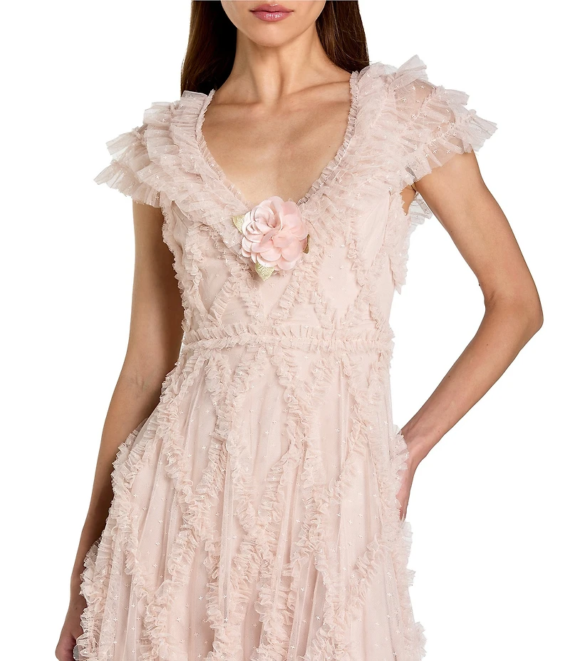 Mac Duggal Petite Size Mesh V-Neck A Line Ankle Dress With Ruffles