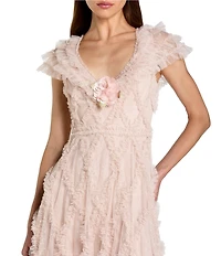 Mac Duggal Petite Size Mesh V-Neck A Line Ankle Dress With Ruffles