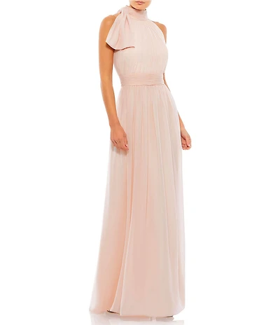 Mac Duggal Petite Size Mock Neck Bow Shoulder Ruched Waist Chiffon A Line Gown