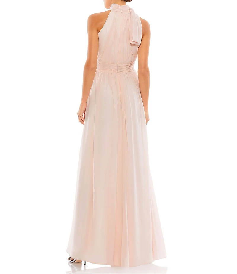 Mac Duggal Petite Size Mock Neck Bow Shoulder Ruched Waist Chiffon A Line Gown