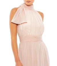 Mac Duggal Petite Size Mock Neck Bow Shoulder Ruched Waist Chiffon A Line Gown