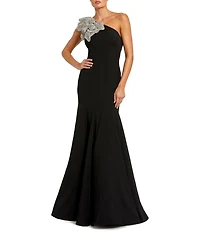 Mac Duggal Petite Size One Shoulder 3D Rhinestone Floral Applique Seamed Crepe Mermaid Gown