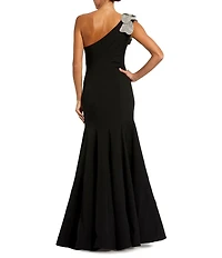 Mac Duggal Petite Size One Shoulder 3D Rhinestone Floral Applique Seamed Crepe Mermaid Gown