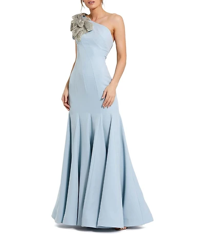 Mac Duggal Petite Size One Shoulder 3D Rhinestone Floral Applique Seamed Crepe Mermaid Gown