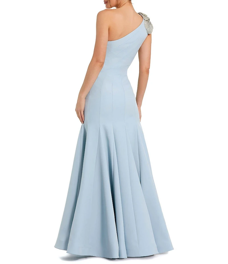 Mac Duggal Petite Size One Shoulder 3D Rhinestone Floral Applique Seamed Crepe Mermaid Gown