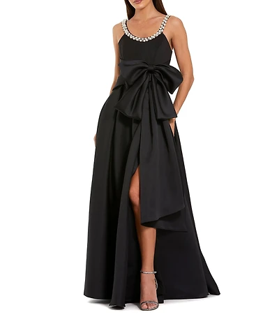 Mac Duggal Petite Size Pearl Trim Scoop Neck Bow Waist Satin Gown