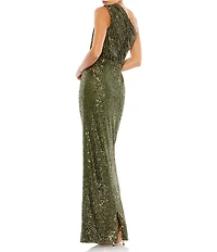 Mac Duggal Petite Size Ruched One Shoulder Sequined Column Gown