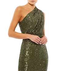 Mac Duggal Petite Size Ruched One Shoulder Sequined Column Gown