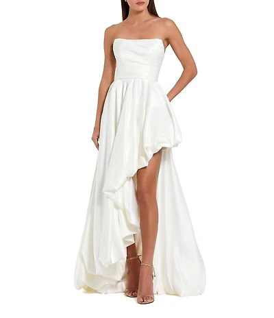 Mac Duggal Petite Size Strapless Pleated Bodice Hi Lo Bubble Hem A-Line Gown