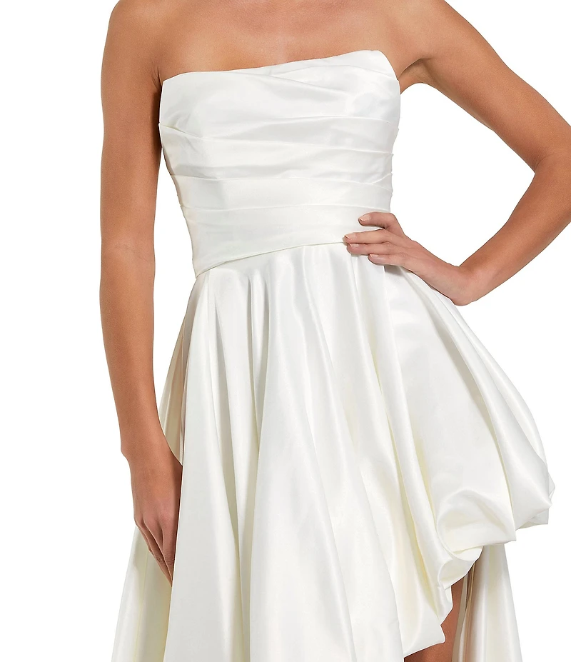 Mac Duggal Petite Size Strapless Pleated Bodice Hi Lo Bubble Hem A-Line Gown