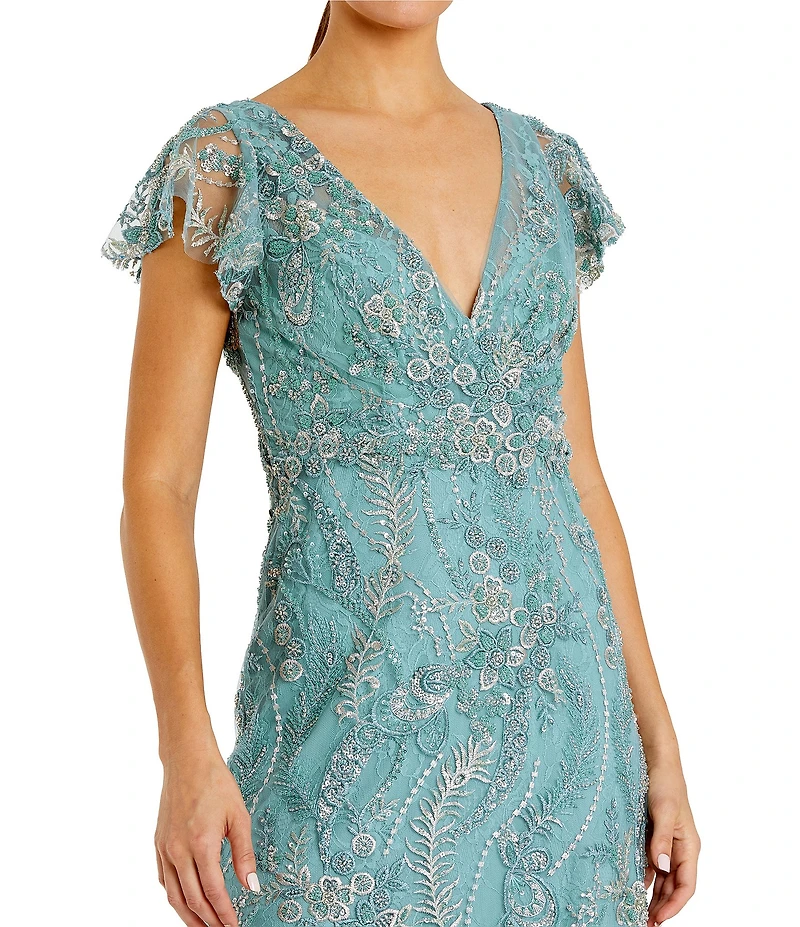 Mac Duggal Petite Size V Neck Flutter Sleeve Embroidered Lace Gown