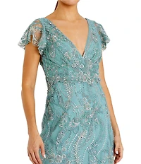 Mac Duggal Petite Size V Neck Flutter Sleeve Embroidered Lace Gown