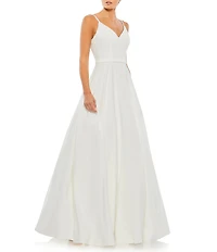 Mac Duggal Petite Size V Neck Side Pockets Satin A Line Gown