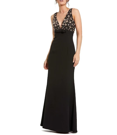 Mac Duggal Petite V-Neck Beaded Bodice Crepe Aline Long Gown