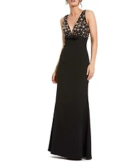 Mac Duggal Petite V-Neck Beaded Bodice Crepe Aline Long Gown