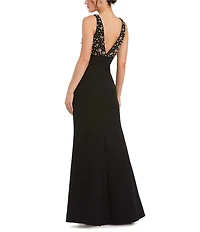 Mac Duggal Petite V-Neck Beaded Bodice Crepe Aline Long Gown
