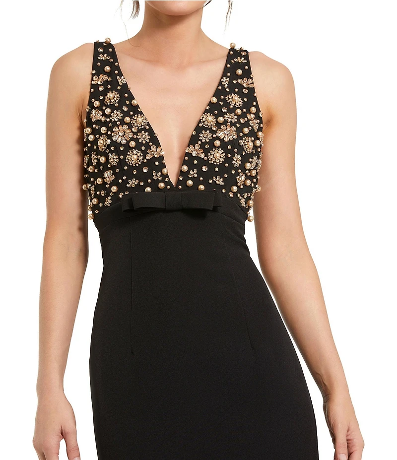 Mac Duggal Petite V-Neck Beaded Bodice Crepe Aline Long Gown