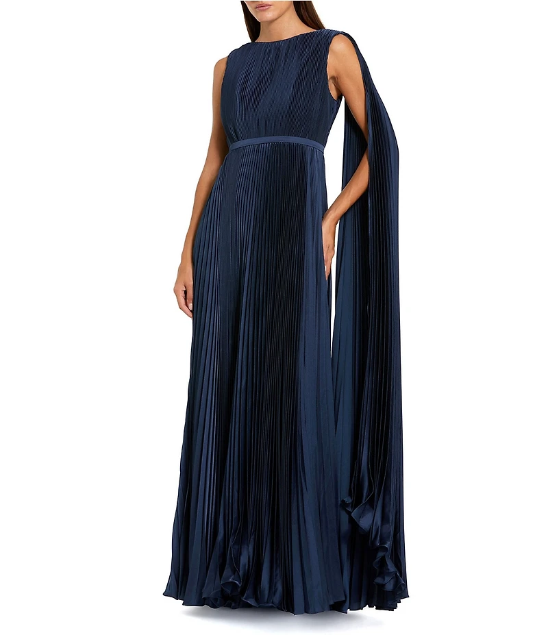 Mac Duggal Pleated Boat Neck Sleeveless Open Drape Back Gown