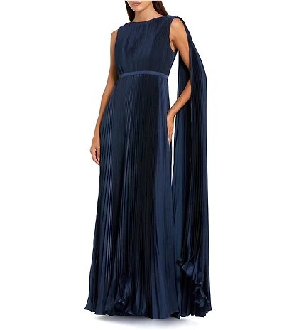 Mac Duggal Pleated Boat Neck Sleeveless Open Drape Back Gown