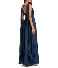 Mac Duggal Pleated Boat Neck Sleeveless Open Drape Back Gown