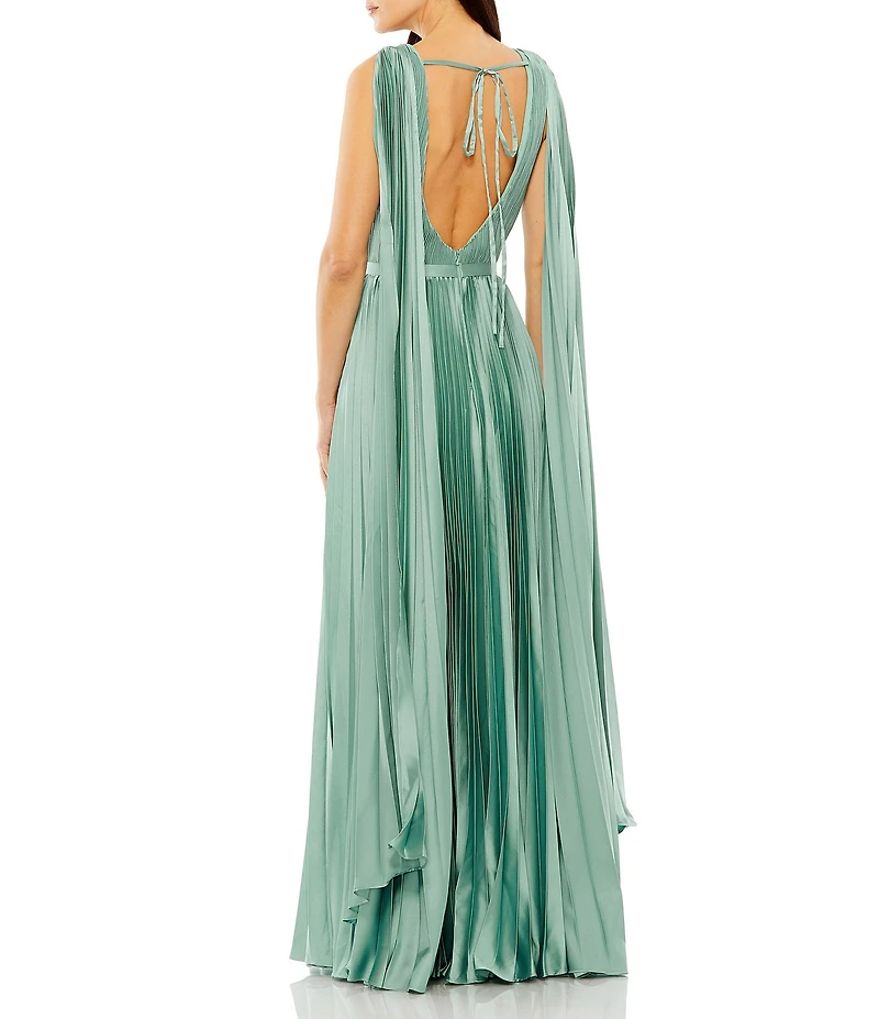 Mac Duggal Pleated Boat Neck Sleeveless Open Drape Back Gown