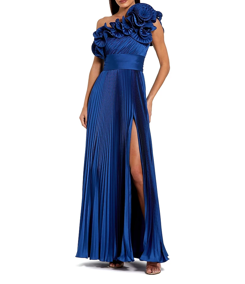 Mac Duggal Pleated Charmeuse One Shoulder Sleeveless Ruffle Trim Side Slit Gown
