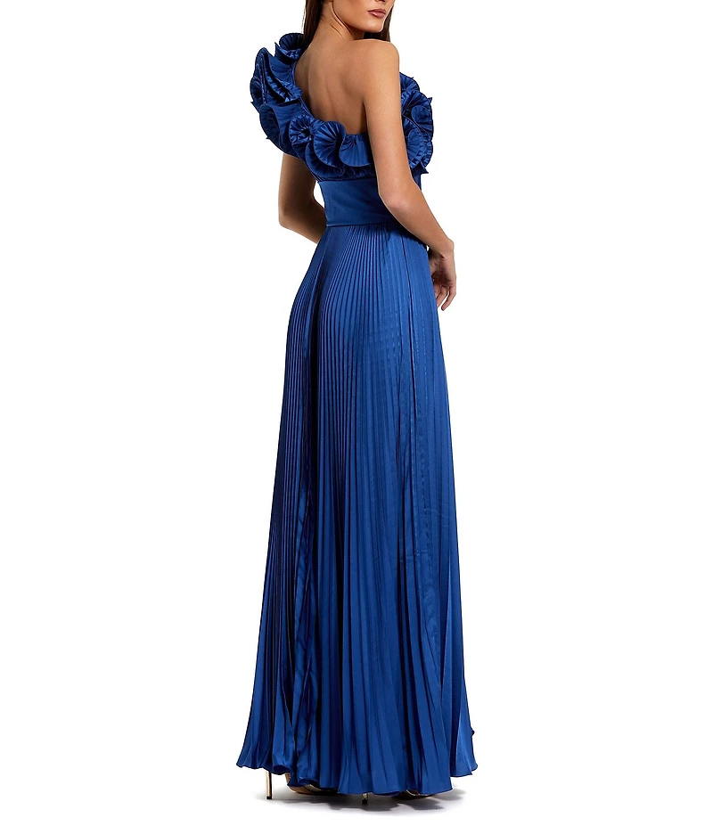 Mac Duggal Pleated Charmeuse One Shoulder Sleeveless Ruffle Trim Side Slit Gown