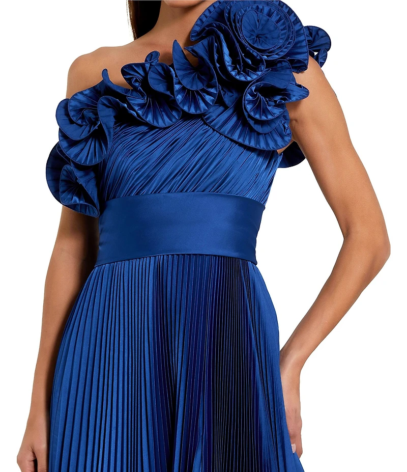 Mac Duggal Pleated Charmeuse One Shoulder Sleeveless Ruffle Trim Side Slit Gown