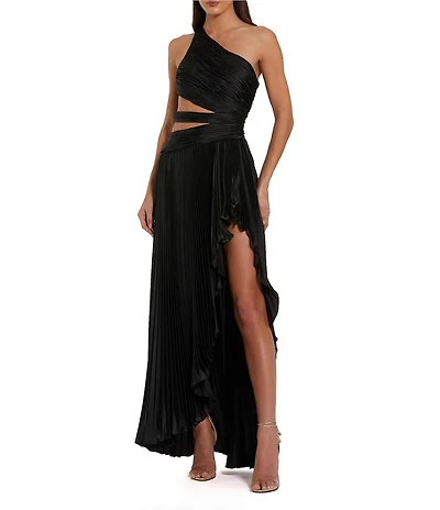 Mac Duggal Pleated Charmeuse One Shoulder Sleeveless Side Cut-Out Front Slit Gown