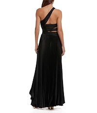 Mac Duggal Pleated Charmeuse One Shoulder Sleeveless Side Cut-Out Front Slit Gown
