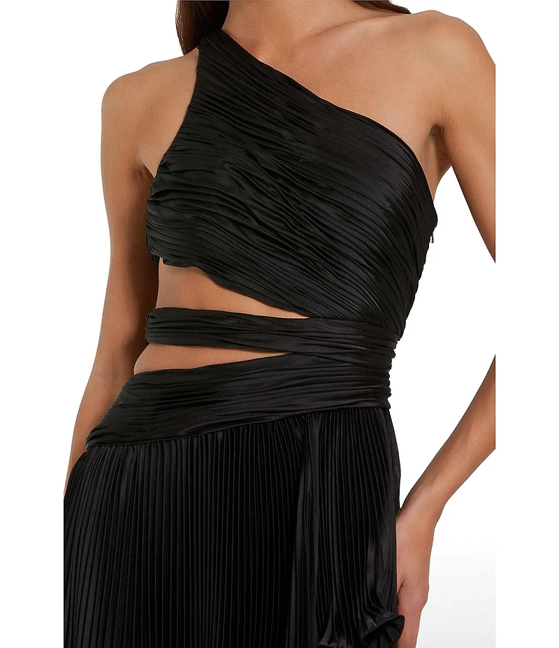 Mac Duggal Pleated Charmeuse One Shoulder Sleeveless Side Cut-Out Front Slit Gown