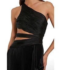 Mac Duggal Pleated Charmeuse One Shoulder Sleeveless Side Cut-Out Front Slit Gown