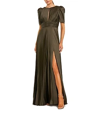 Mac Duggal Pleated Charmeuse Puff Sleeve High Slit A-Line Gown