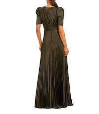 Mac Duggal Pleated Charmeuse Puff Sleeve High Slit A-Line Gown