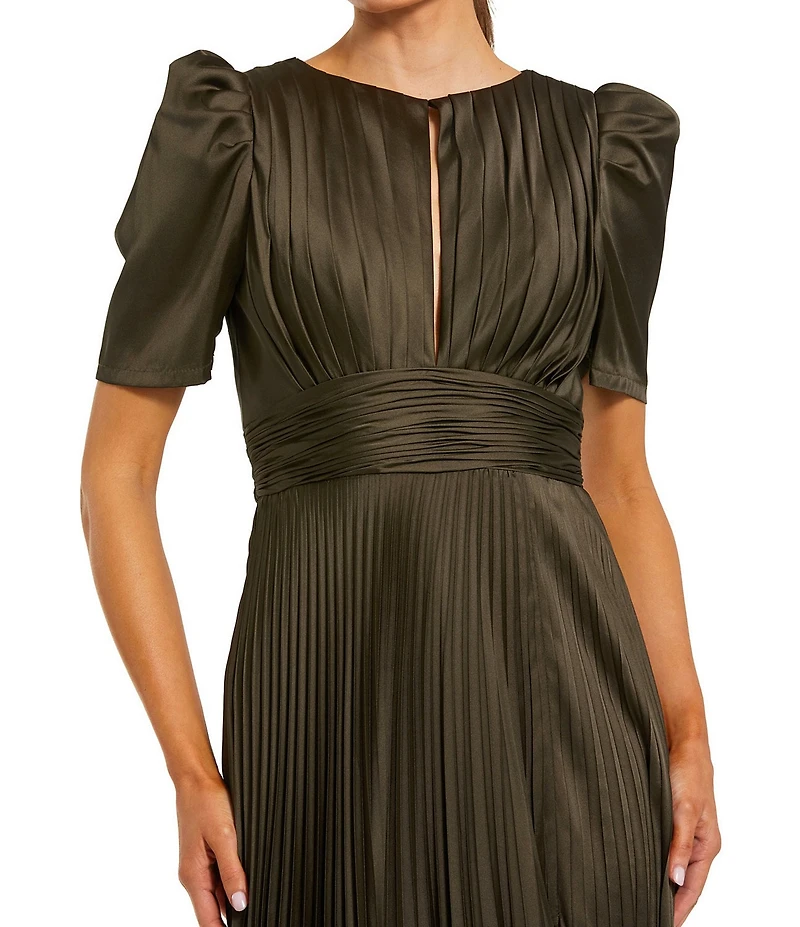 Mac Duggal Pleated Charmeuse Puff Sleeve High Slit A-Line Gown
