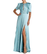 Mac Duggal Pleated Charmeuse Puff Sleeve High Slit A-Line Dress