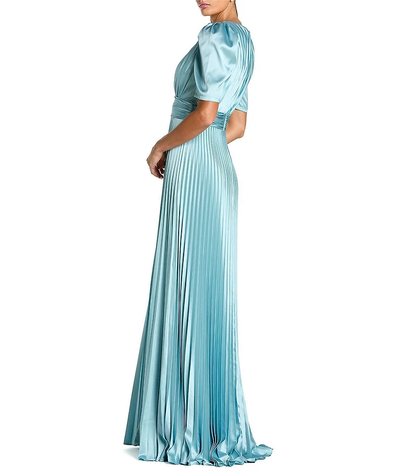 Mac Duggal Pleated Charmeuse Puff Sleeve High Slit A-Line Dress