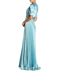 Mac Duggal Pleated Charmeuse Puff Sleeve High Slit A-Line Dress
