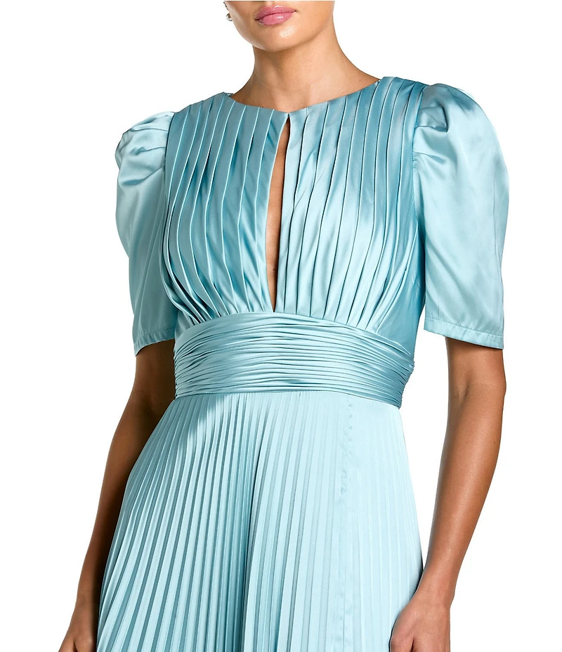 Mac Duggal Pleated Charmeuse Puff Sleeve High Slit A-Line Dress