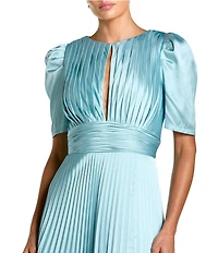 Mac Duggal Pleated Charmeuse Puff Sleeve High Slit A-Line Dress
