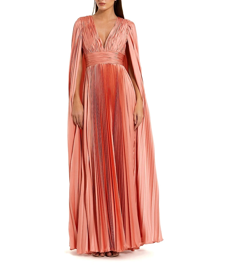 Mac Duggal Pleated Charmeuse V-Neck Cape Sleeve Gown