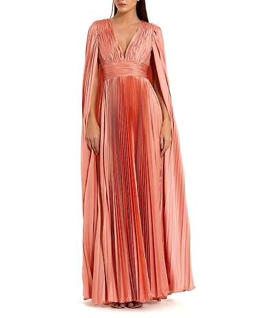 Mac Duggal Pleated Charmeuse V-Neck Cape Sleeve Gown