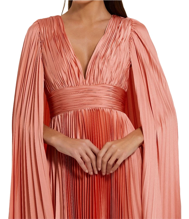 Mac Duggal Pleated Charmeuse V-Neck Cape Sleeve Gown
