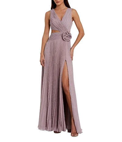 Mac Duggal Pleated Chiffon Sleeveless Side Cutouts V-Neckline 3D Flower Applique Gown