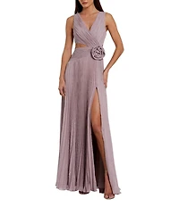 Mac Duggal Pleated Chiffon Sleeveless Side Cutouts V-Neckline 3D Flower Applique Gown