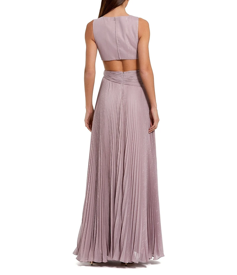 Mac Duggal Pleated Chiffon Sleeveless Side Cutouts V-Neckline 3D Flower Applique Gown