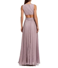 Mac Duggal Pleated Chiffon Sleeveless Side Cutouts V-Neckline 3D Flower Applique Gown