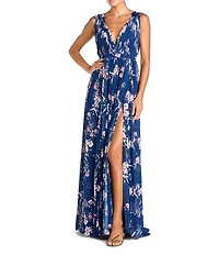 Mac Duggal Pleated Chiffon V-Neck Ruffle Sleeveless A-Line Gown