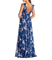 Mac Duggal Pleated Chiffon V-Neck Ruffle Sleeveless A-Line Gown
