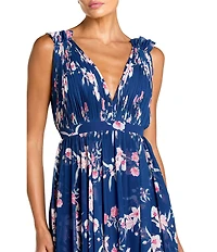 Mac Duggal Pleated Chiffon V-Neck Ruffle Sleeveless A-Line Gown